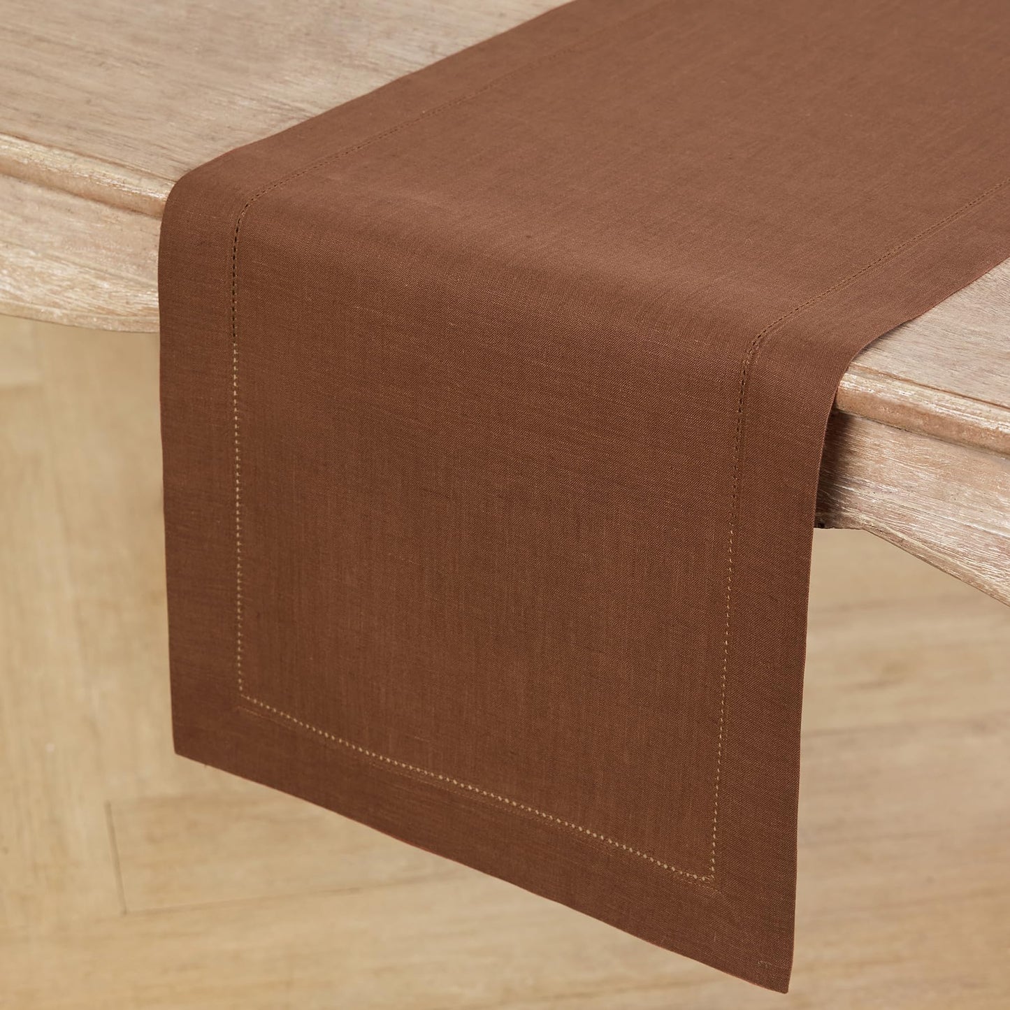 Solino Home Linen Brown Table Runner 72 Inches Long - 100% Pure Linen Hemstitch Table Runner 14 x 72 Inch for Dresser, Dining - Classic Hemstitch