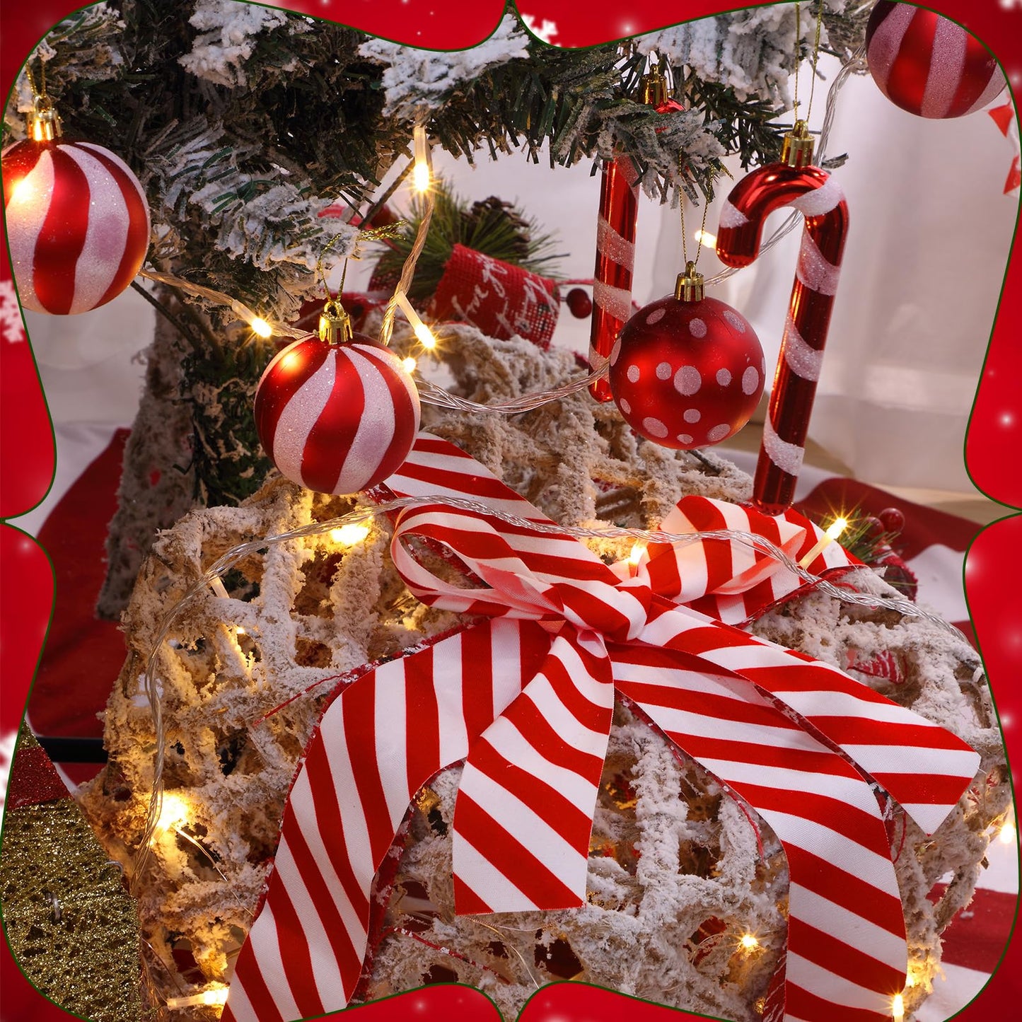 Shappy 38 Pcs Christmas Tree Ornaments Sets, Candy Cane Red White Stripes Xmas Tree Hanging Decorations, Plastic Xmas Ball Variety Shapes with Ribbon New Year Holiday Party Supplies(Cute,39.4'')