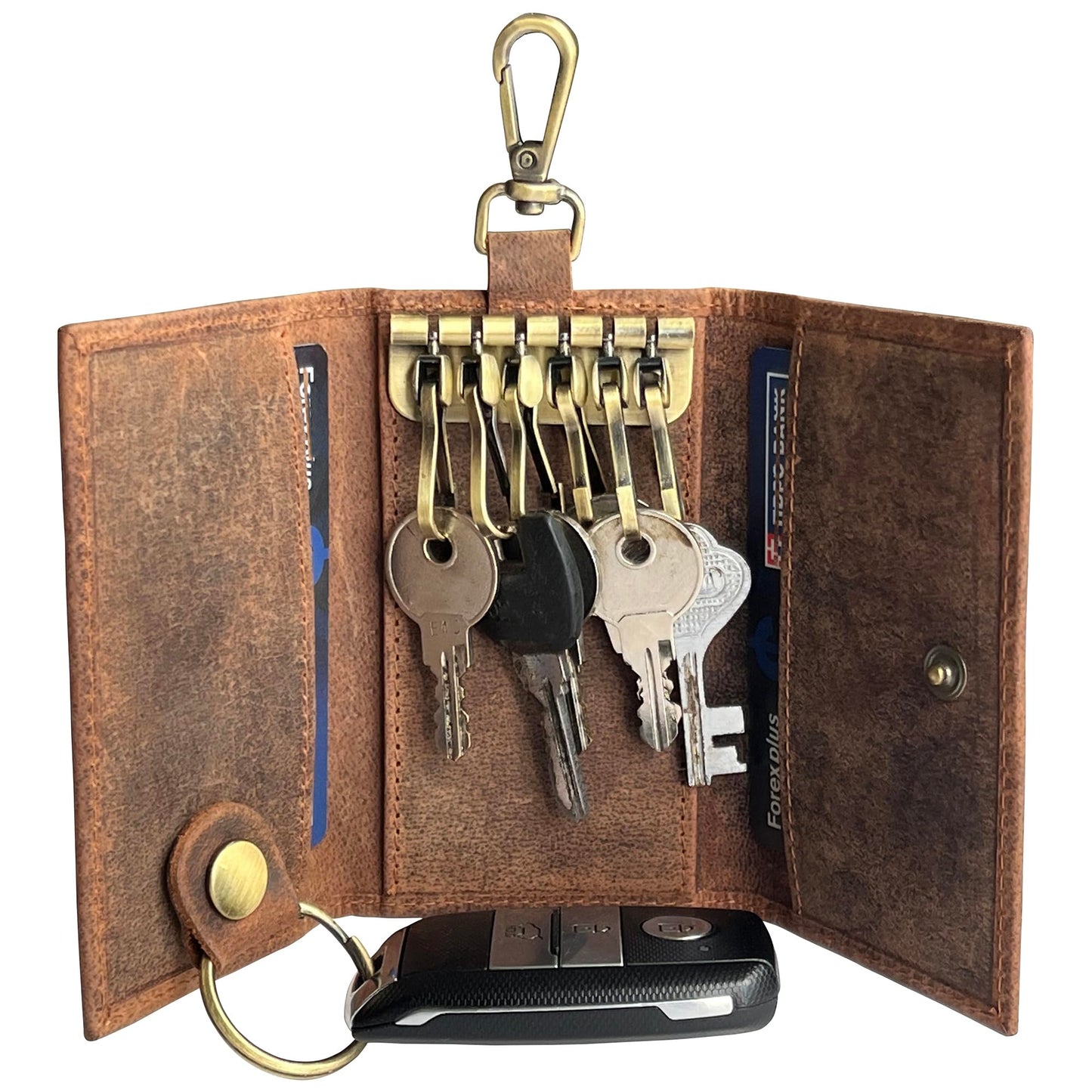 RUSTIC TOWN Leather Key Holder - Smart Fob Car Key Loop - Leather Key Pouch Wallet Slim Keychain with 6 Key Holder - Stylish and Practical Key Organizer for Men and Women