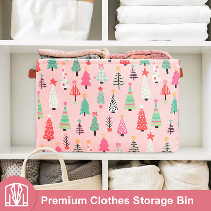 FYSUIMU Christmas Storage Basket with Handles Xmas Tree Pink Cube Storage Bin Foldable Fabric Container Organizer Box for Home Office Dorm Closet Shelf Toy