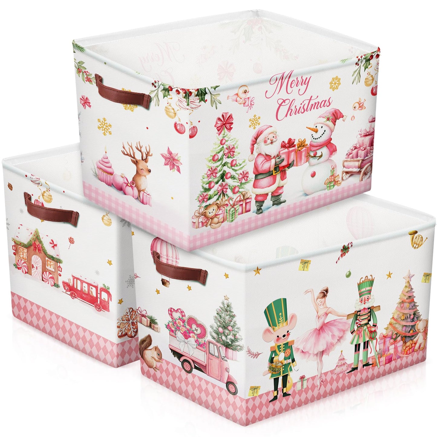 Geelin 3 Pcs Large Christmas Baskets 15 x 11 x 9.5 Inch Empty Xmas Storage Bin with Handles Collapsible Waterproof Extra Big Foldable Gift Basket for Office Home Bedroom Cloth Toy Gift(Rustic)