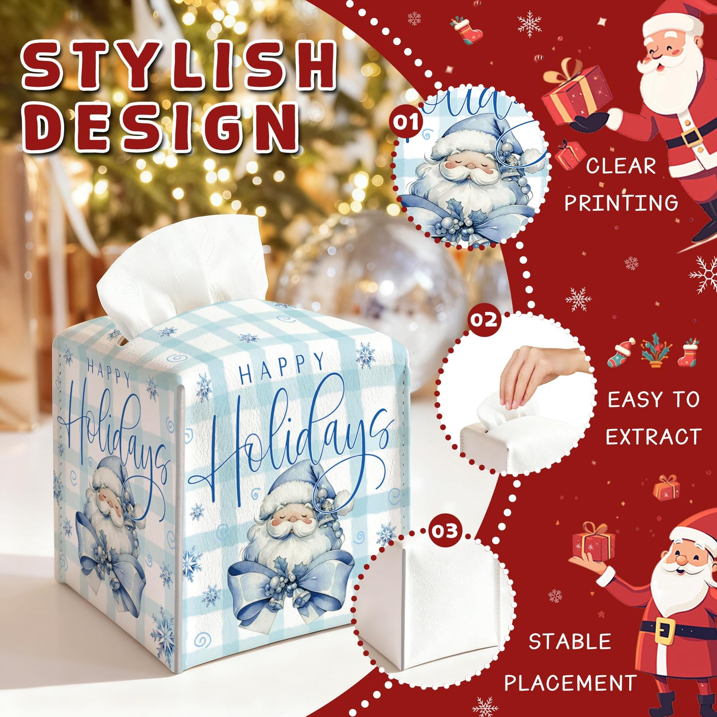 Happy Holidays Box Cover Square, Santa Claus Blue Checkered Decorative Tissue Box Holder, Waterproof Leather Tissues Boxes Dispenser for Bathroom, Office, Car, Bedroom Nightstand, Home Decor