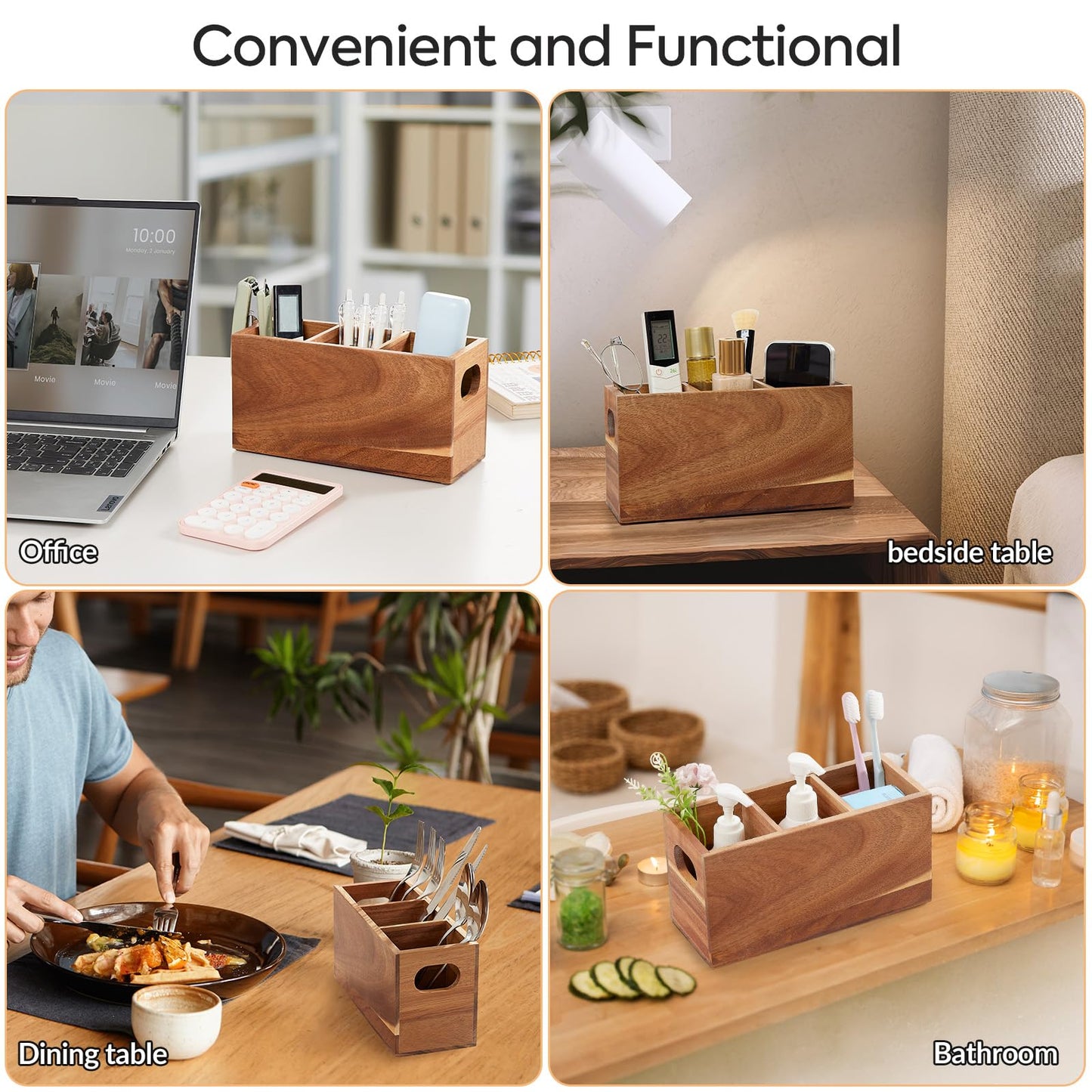 VIVIRBIEN Acacia Wooden Silverware Holder, Kitchen Utensil Caddy with 3 Compartments, Cutlery Storage Organizer Countertop, Flatware Organizer for Party, Spoon, Fork Holder