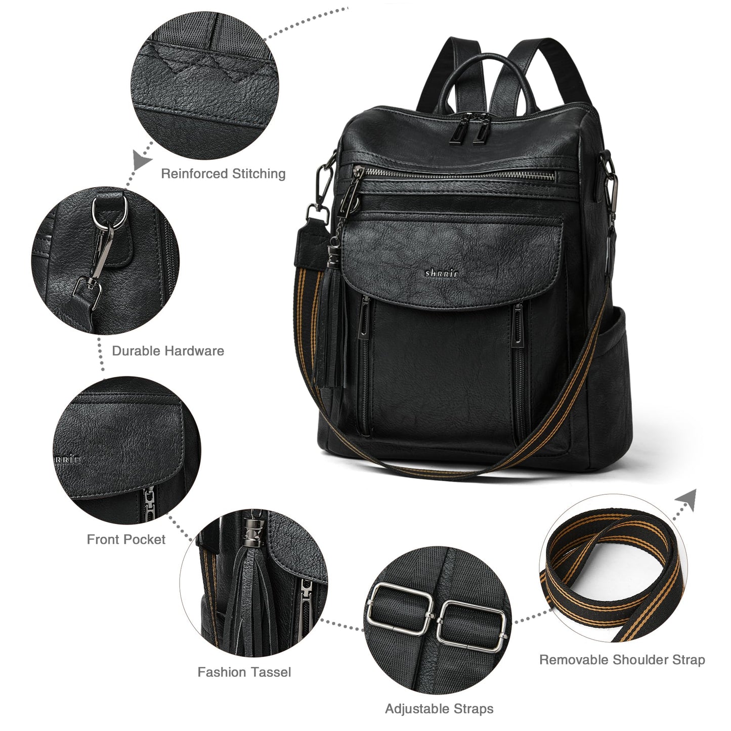 Shrrie Backpack Purse for Women Fashion Leather Backpack Purse Designer Travel Backpack Convertible Shoulder Bag with Wristlet