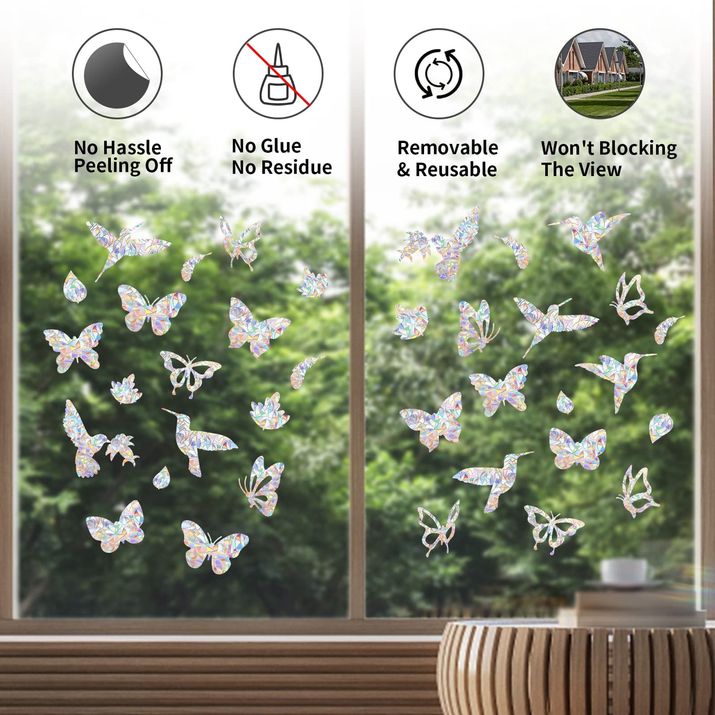 36 Pieces Window Decals for Bird Strikes, Window Clings Prevent Birds from Hitting Windows Suncatcher Stickers（Bird, Butterfly, Feather, Leaf