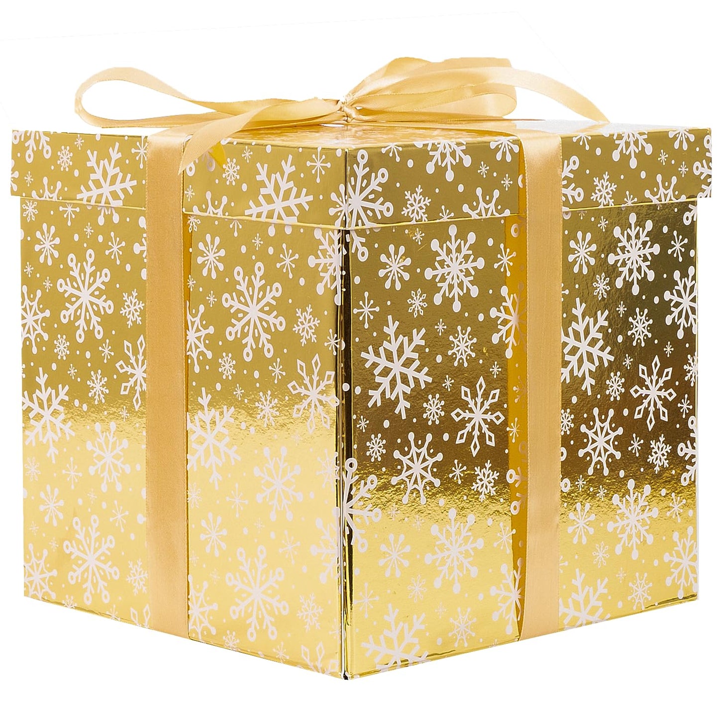 XiaosRen 9" Medium Christmas Gift Box with Lid and Paper Filler, Gold Gift Box with Ribbon for Holiday Xmas Presents Wrapping.
