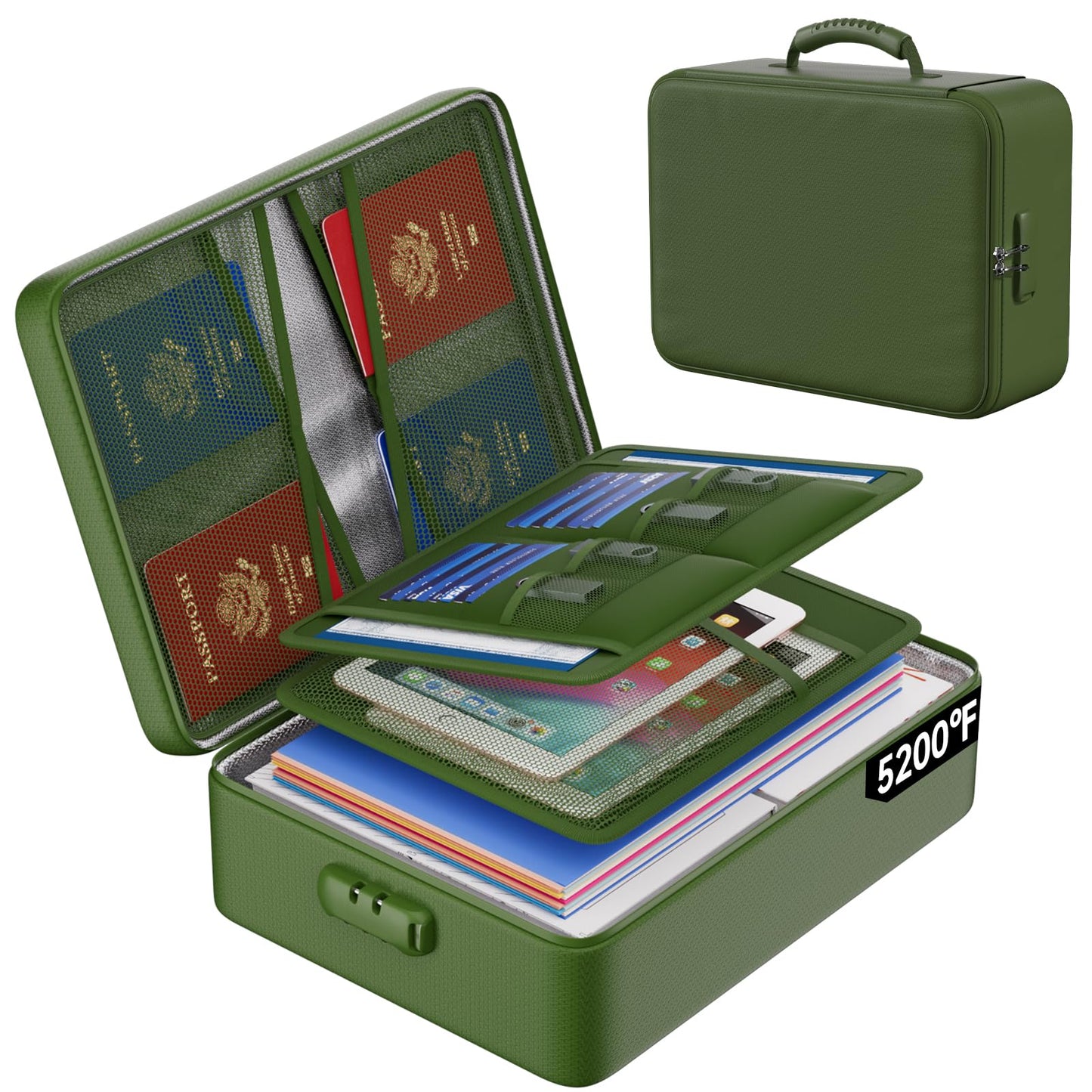 ENGPOW 5200°F Fireproof Document Bag with Lock, Upgraded Heat Insulated Fireproof＆Waterproof Box 8 Layers Document Organizer, Portable Home Travel Safe Storage Box for Important Files, Laptop,Green