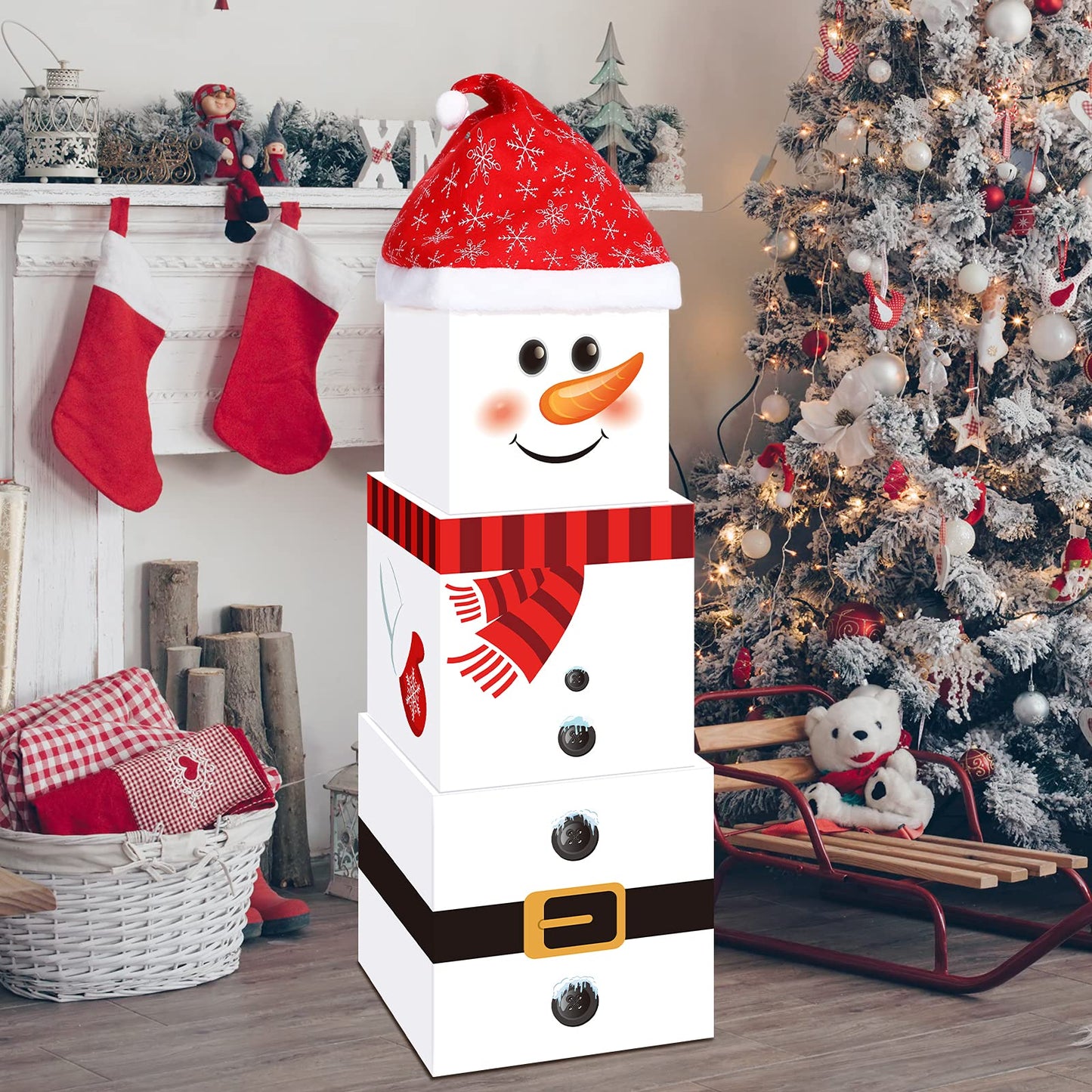 Marspark 4 Pieces Christmas Box Decoration Nesting Decorative Stackable Nesting Christmas Stacking Boxes(Snowman)