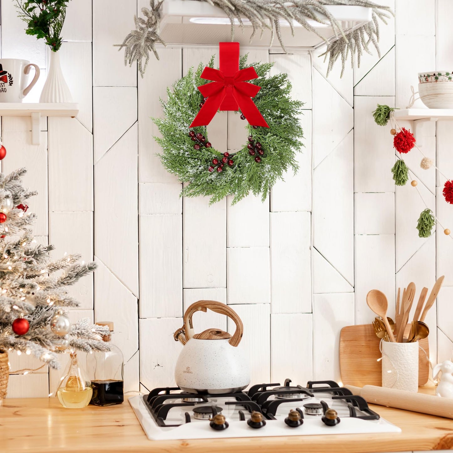 4 Pcs Small Christmas Norfolk Wreaths 15 Inch Christmas Kitchen Cabinet Mini Wreath with Bow Ribbon Cedar Berry for Xmas Front Door Window Chair Fireplace Table Pillar Farmhouse