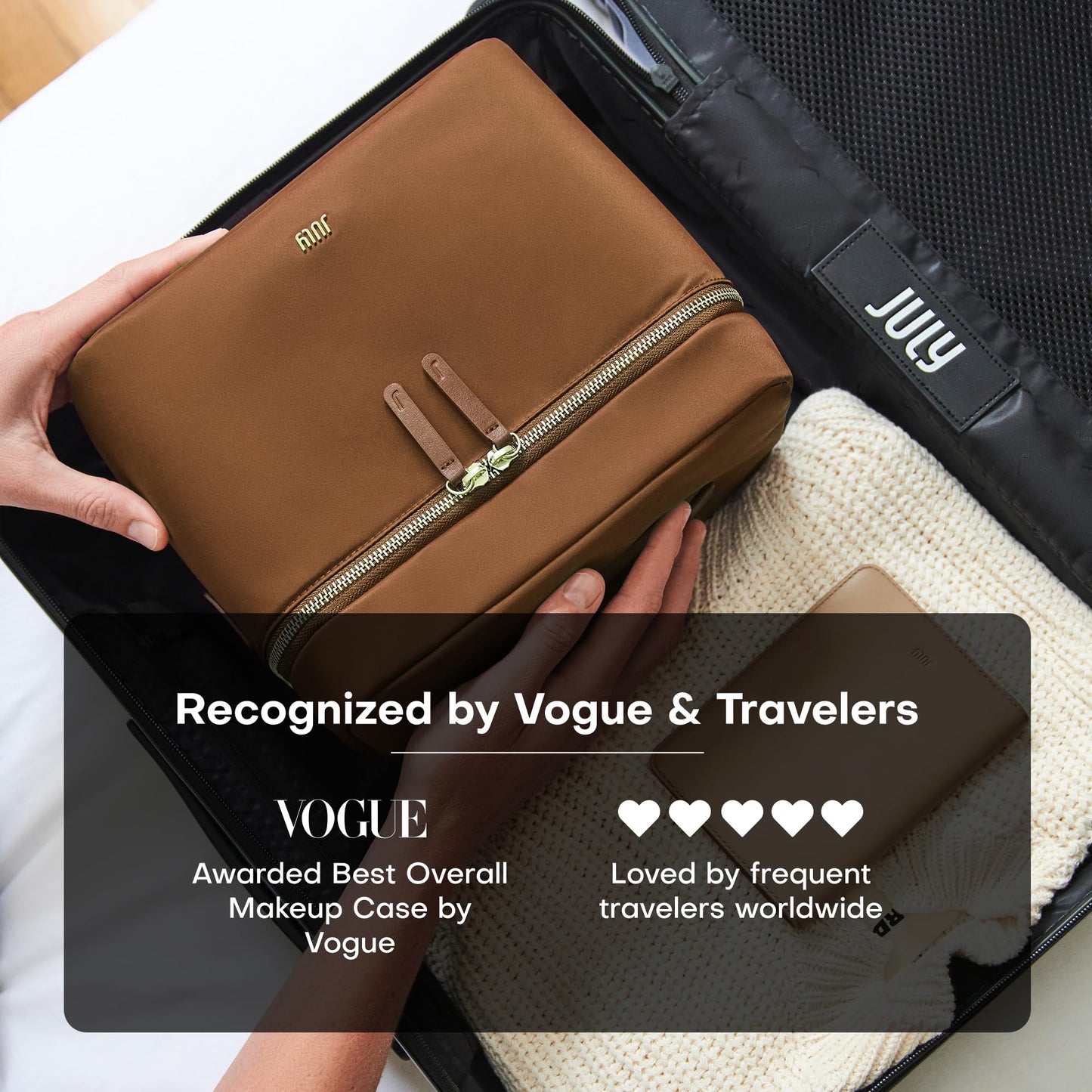 July Vanity Cosmetic Case - Stylish Travel Makeup Bag for Women with Removable Wet Pouch, Upright Bottle Design, Clear Top Pocket, Leather Handle, Travel Essentials, Toiletry Organizer - Light Brown