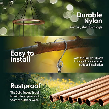 Nature’s Melody Aureole Tunes Wind Chimes – Outdoor Windchime with 6 Tubes, 100% Rustproof Aluminum, Powder Finish & S Hook Hanger for Sympathy, Memorial Gift or Zen Garden (Bronze, 28")