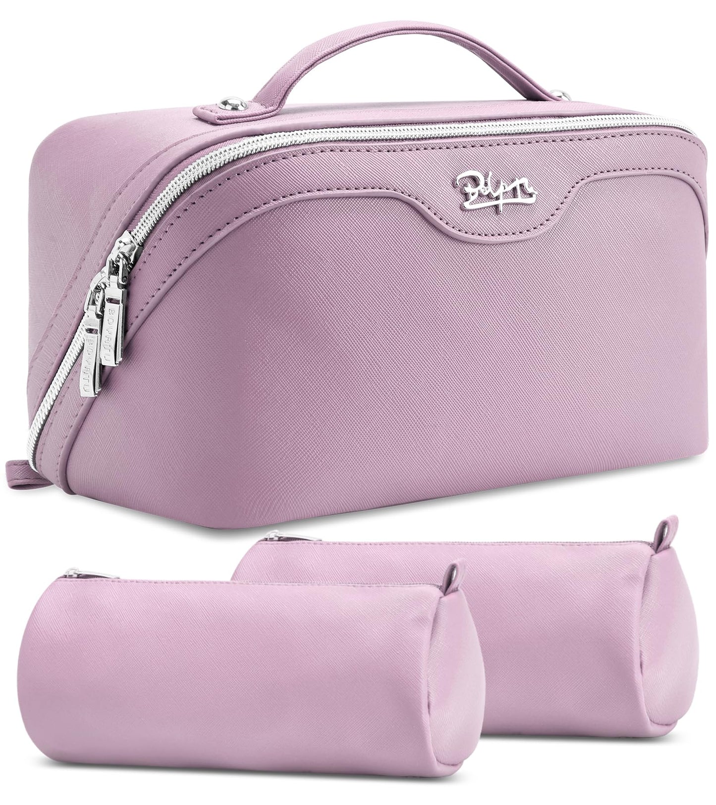 BOYATU Travel Makeup Bag Organizer Cosmetic Bag: 3 Pcs Set Make up Bags for Women with Handle - Waterproof Vegan Leather Toiletry Bags Travel Essentials Pouch with Compartments (C-06-Purple)