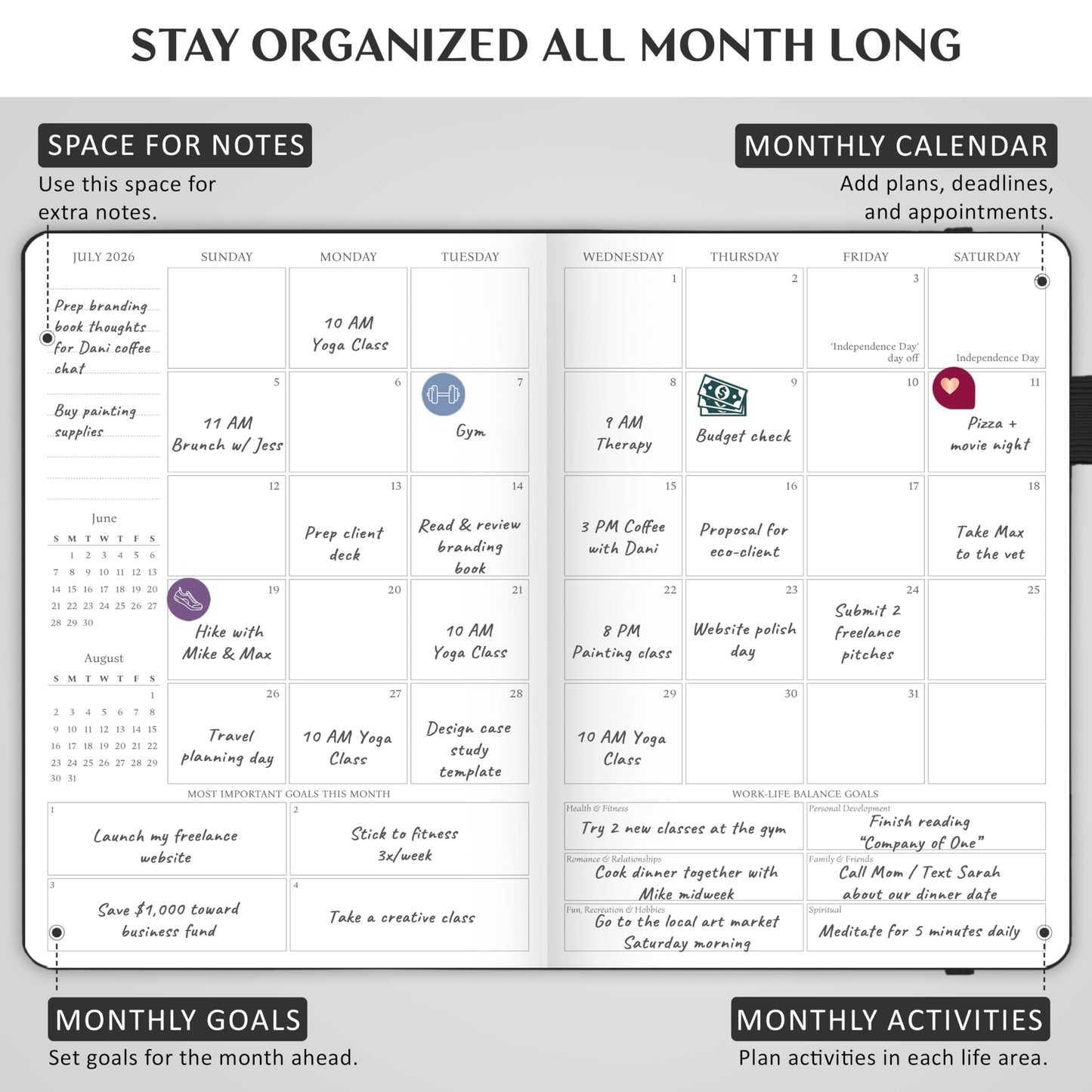 Legend Dated Hourly Weekly Planner 2026 – Daily, Monthly & Yearly Agenda with Time Slots – Hardcover Organizer Journal, 5.8x8.3” (Black)