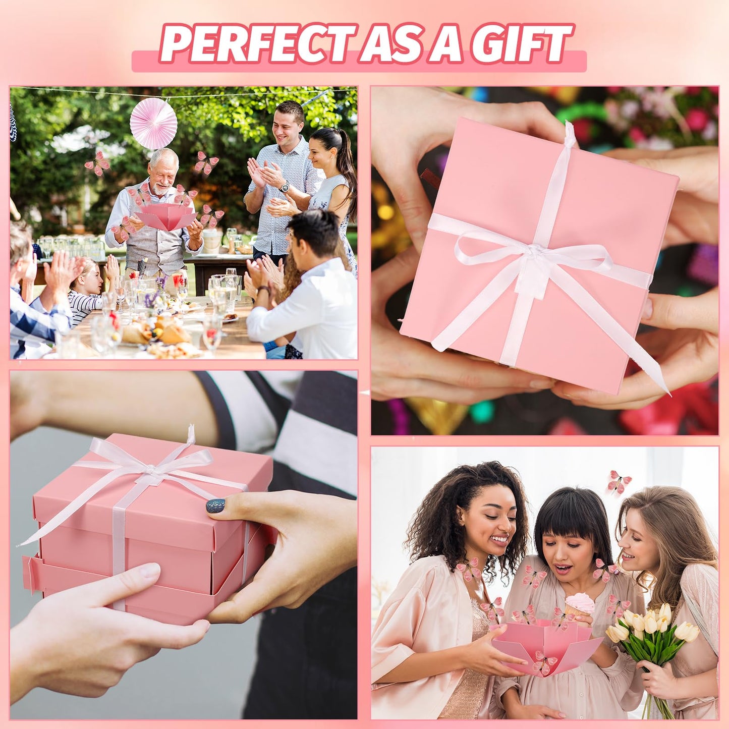XLSXEXCL Butterfly Explosion Cardboard Gift Box, Flying Butterfly Surprise Box for Birthday, Wedding, Anniversaries, Christmas (Pink)