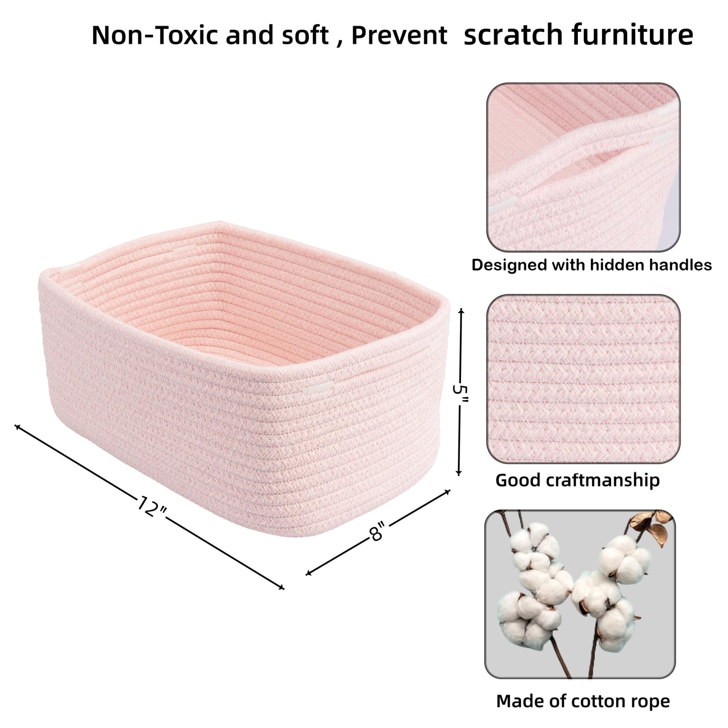 XUANGUO Small Woven Storage Baskets 12“X8”X5“ Decorative Rope Bins for Organizing Shelves, Closets, and Toys, Empty Gift Baskets, Cute Organizer Basket for Home and Office (pink, regular)