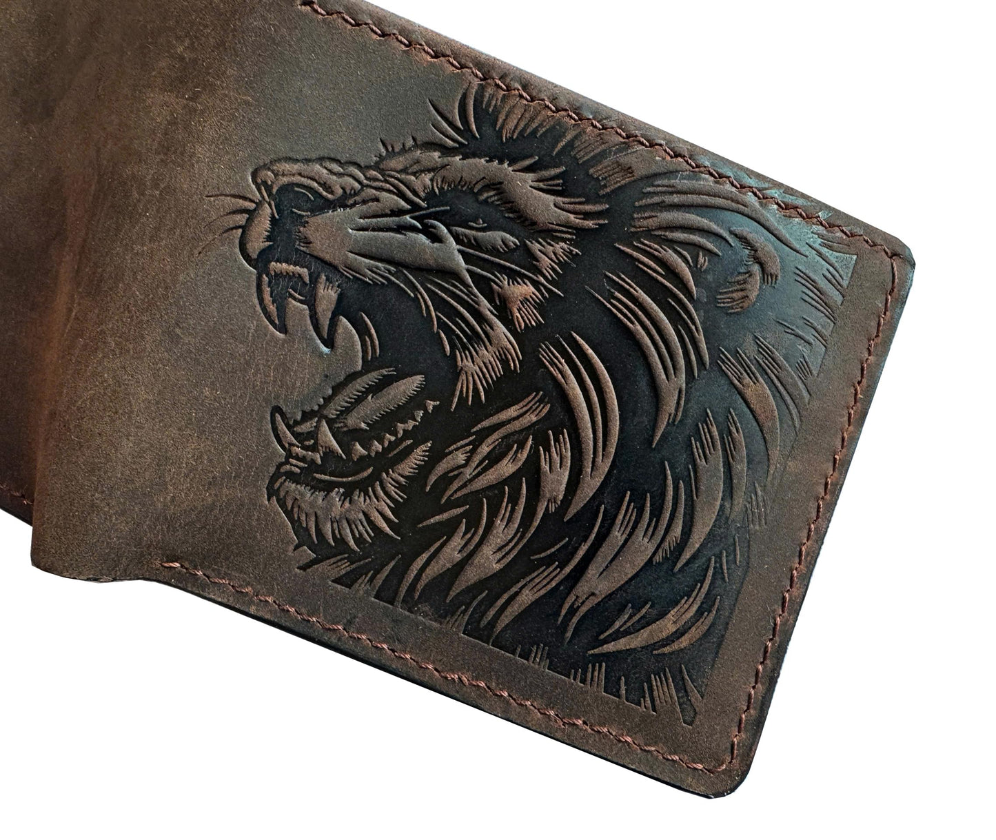 Mayan Corner - Genuine leather handcrafted wallet, bifold wallet with ID card slot, cool wallet for dad - Lion head