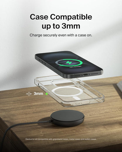 Belkin Magnetic Wireless Charging Pad Qi2 15W w/Kickstand - MagSafe-Compatible Qi2-Certified Wireless Charger for iPhone 17 Series, Samsung Galaxy S25 Series, AirPods (No PSU) - Black