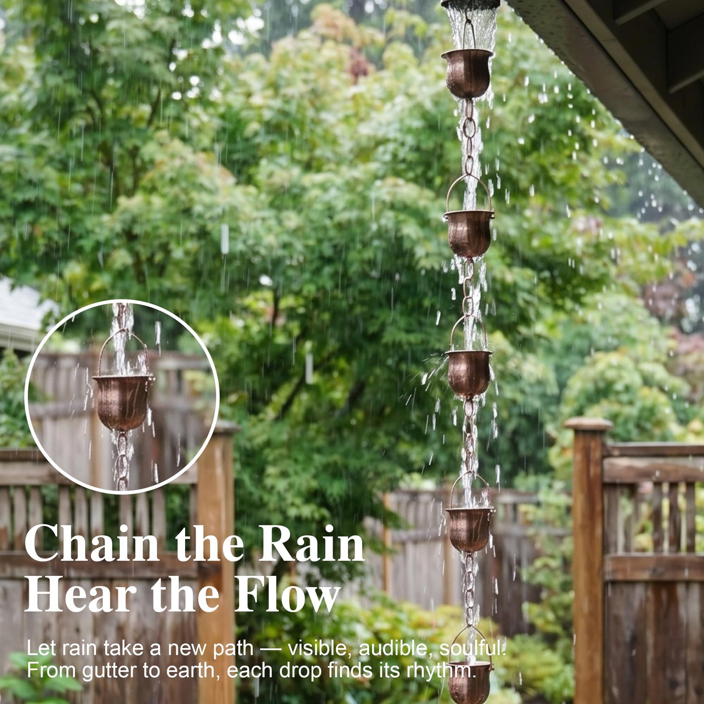TZSSP 7.9FT Rain Chain for Gutters Downspouts, Heavy Duty Weatherproof Metal Rain Catcher, 11 Pot Cups Decorative Functional Outdoor Replacement