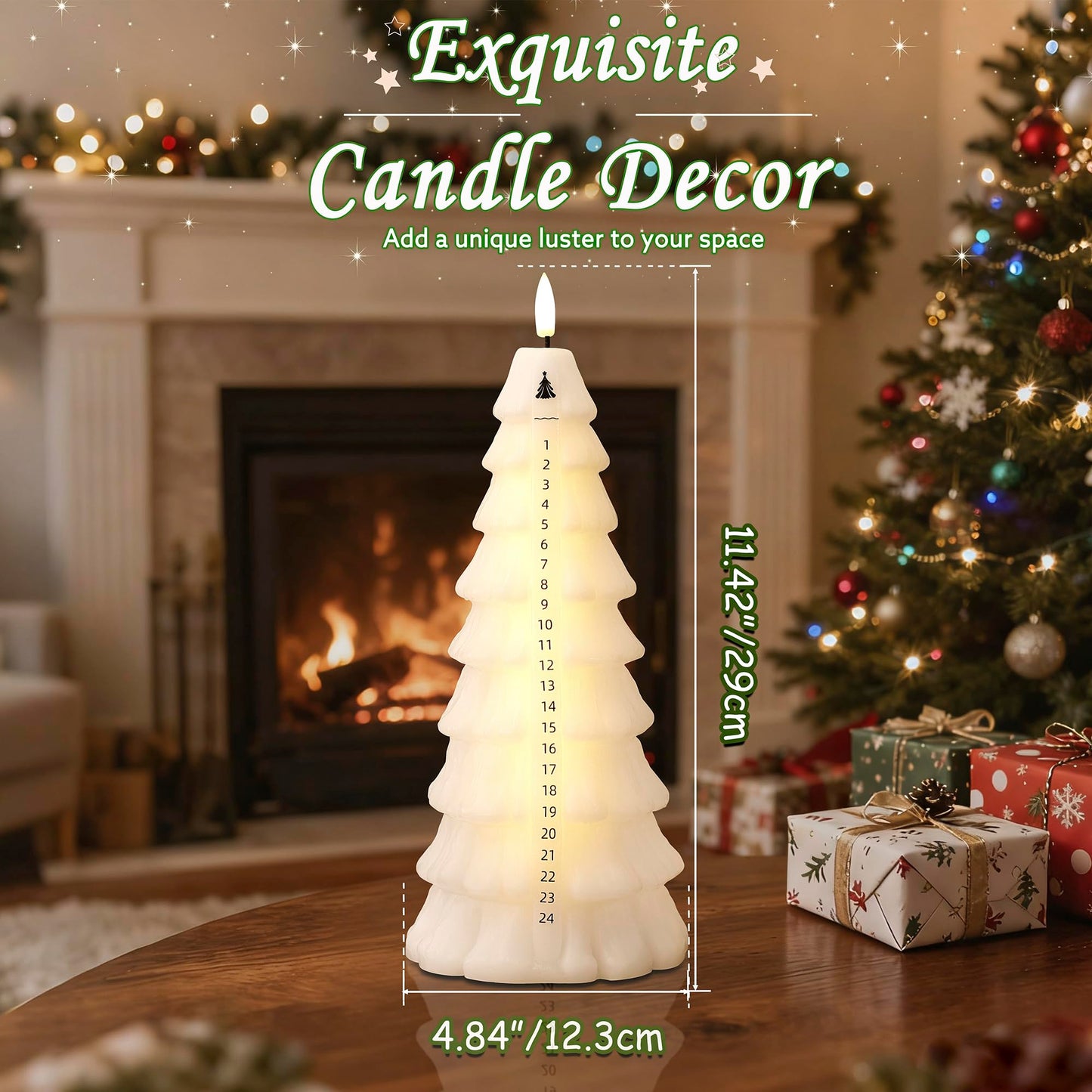 AFINETH Christmas Tree Candles with Remote, Real Wax Christmas Countdown Candle, Countdown to Christmas Battery Operated Candles, Xmas Flameless Advent Candle for Table Decor