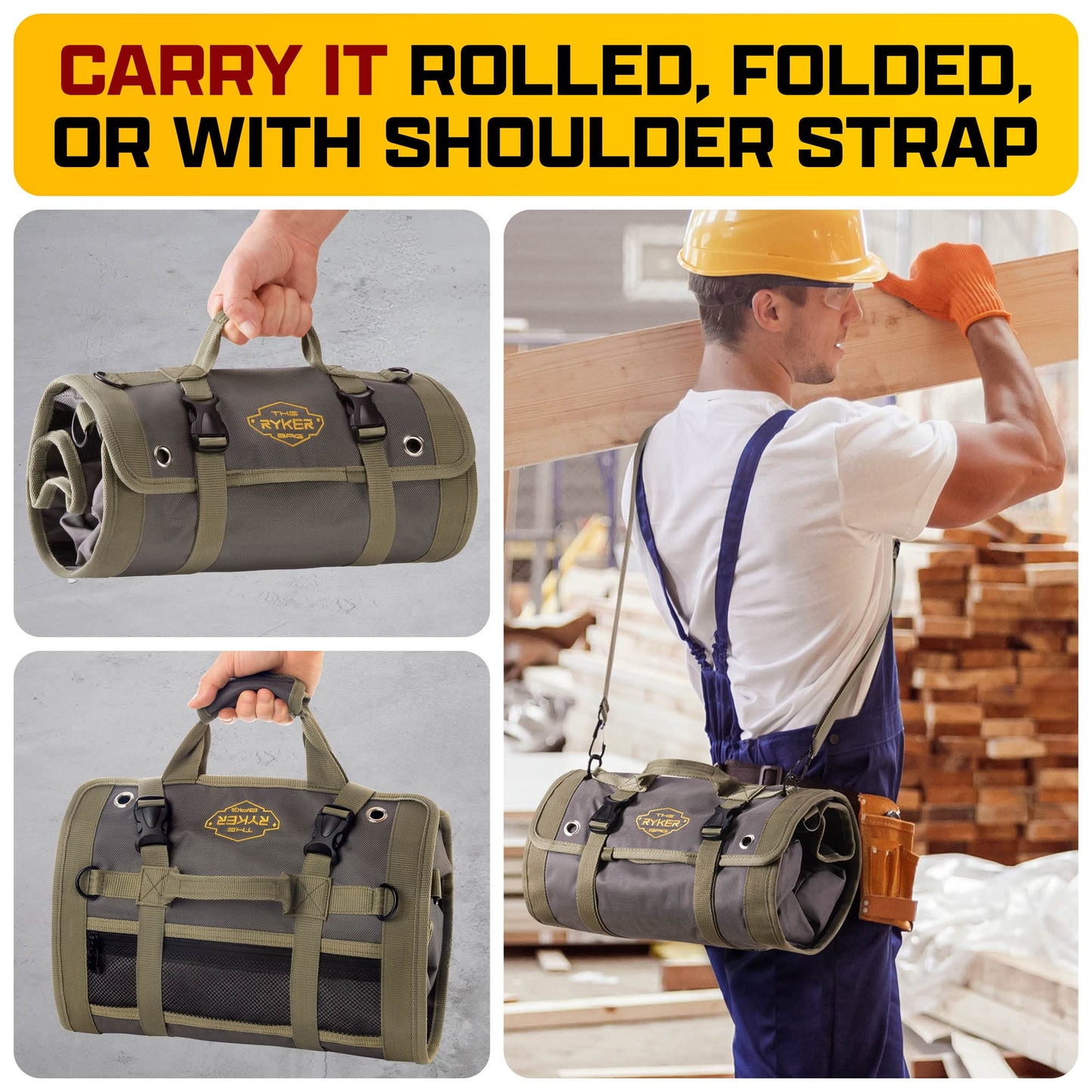 The Ryker Official PRO Tool BAG Organizer Heavy Duty Foldable Storage Bag with Detachable Pouches, Wrench Holder, Rugged Canvas for Mechanics, Electricians, Motorcycle Use, Practical Gift for Dads