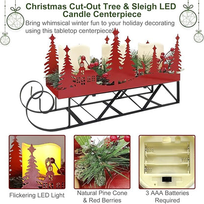 Christmas Sleigh Centerpiece Table Decorations with Flickering Led Candle Lights Xmas Sleigh Silhouette Candelabrum for Dinning Room, Table, Fireplace, Mantel Holiday Decoration