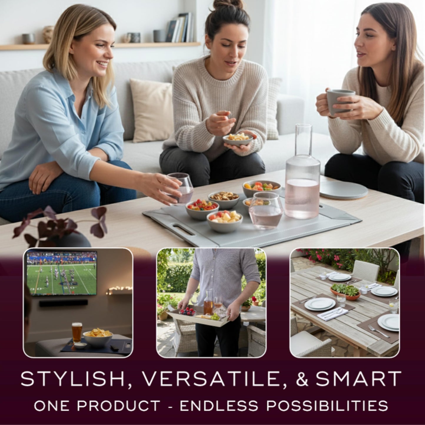 FREEFORM PLACEsMAT 2-in-1 Faux Leather Placemat & Serving Tray | Reversible Design, Lays Flat & Easy to Clean | Ottoman Food Tray, Perfect Housewarming Gift, 18” x 14” (Fabric Tan & Cream, Single)