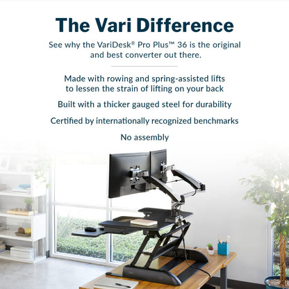 Vari VariDesk Pro Plus 36 - Adjustable Desk Converter with 11 Height Settings - Laptop Sit Stand Desk Riser for Home Office, Table Tops, Workspace - Fully Assembled with Spring Loaded Lift - Black