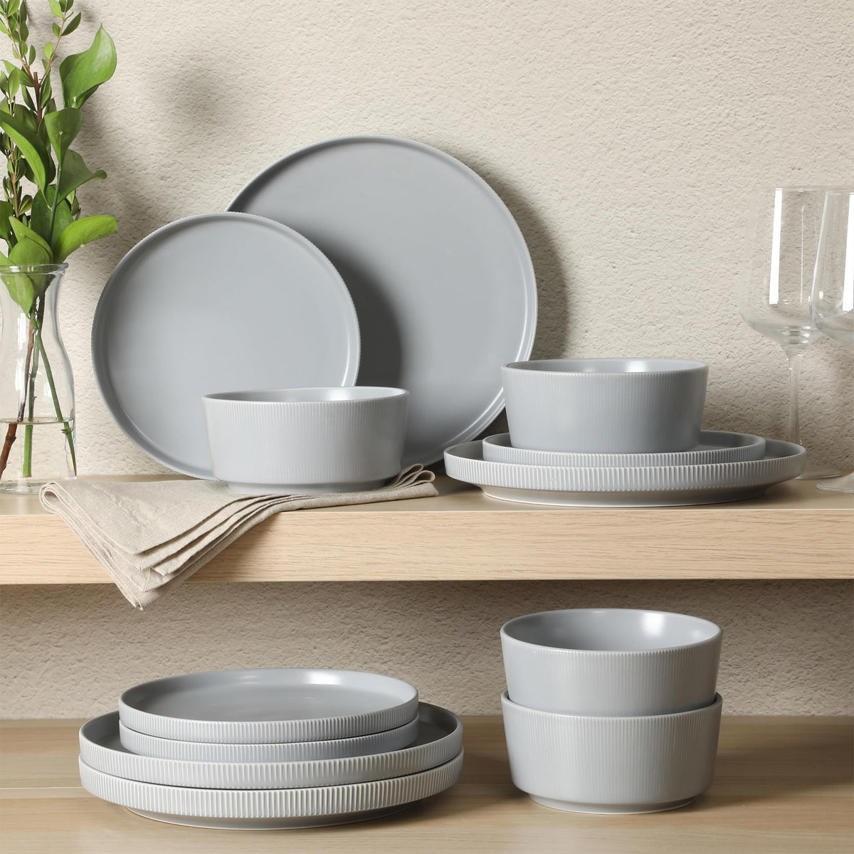 Gibson Home Queenslane 16 Piece Double Bowl Plates and Bowls Dinnerware Sets - Matte Blue