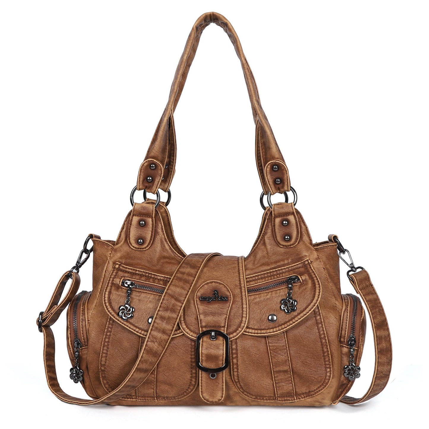 Angel Kiss Hobo Bags for Women Vegan Leather Shoulder Purses and Handbags Ladies Roomy Tote Bags Purse with Crossbody Strap,Brown