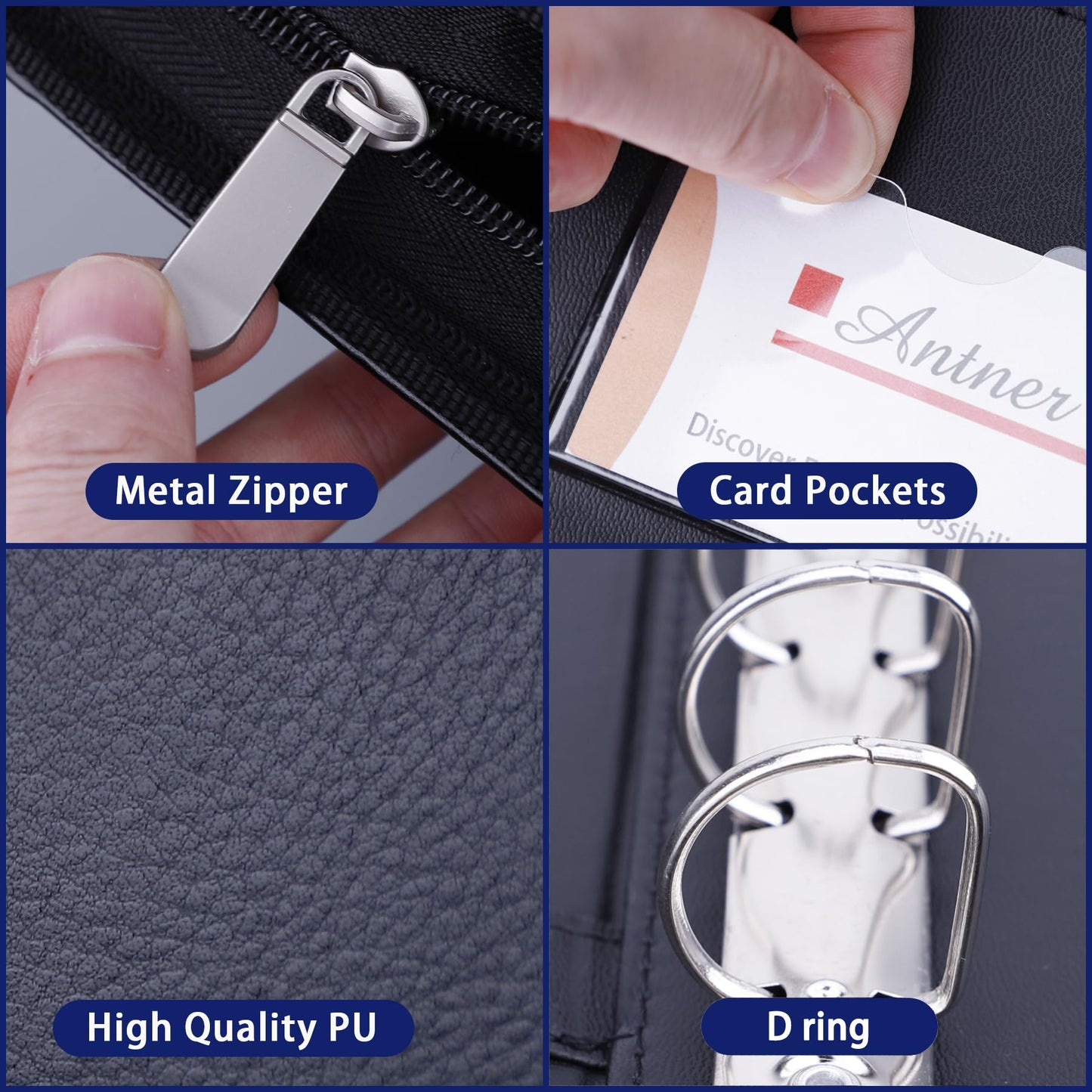 Antner Zippered 7 Ring Business Checkbook Binder Portfolio for 3-on-a-Page Business Checks, 600 Checks Capacity, PU Leather Check Book Binder Cover for 9x13 Sheets, Built-in Storage Organizer, Black