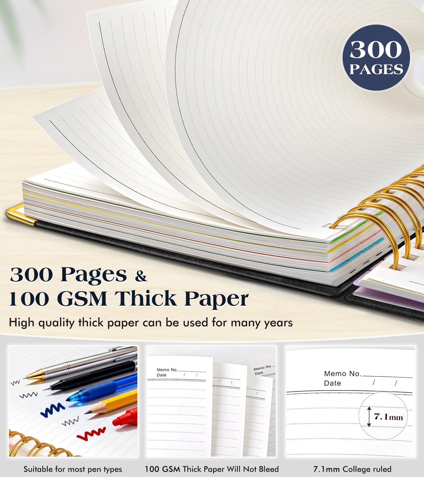 Spiral Notebook Journal with Removable Dividers Tabs, 300 Pages Hardcover Leather 5 Subject College Ruled Notebook, 8"x10" Large B5 Lined Journal for Women Men, Spiral Notebooks for Work School, Black