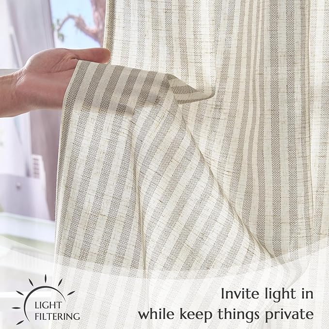 jinchan Striped Linen Kitchen Curtains 54 Inches Short Curtains Farmhouse Modern Cafe Style Window Treatments Airy Light Filtering Rod Pocket for Living Room Bathroom 2 Panels Taupe Grey