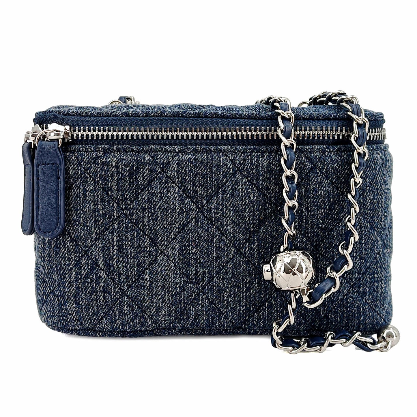M-ioi-M Quilted Denim Crossbody Bag for Women, Retro Textured Small Jean Purse with Adjustable Silver Chain Strap, Casual Boxy Pouch Shoulder Handbag, Classic Designer Vanity Case Purse (Slub Indigo)