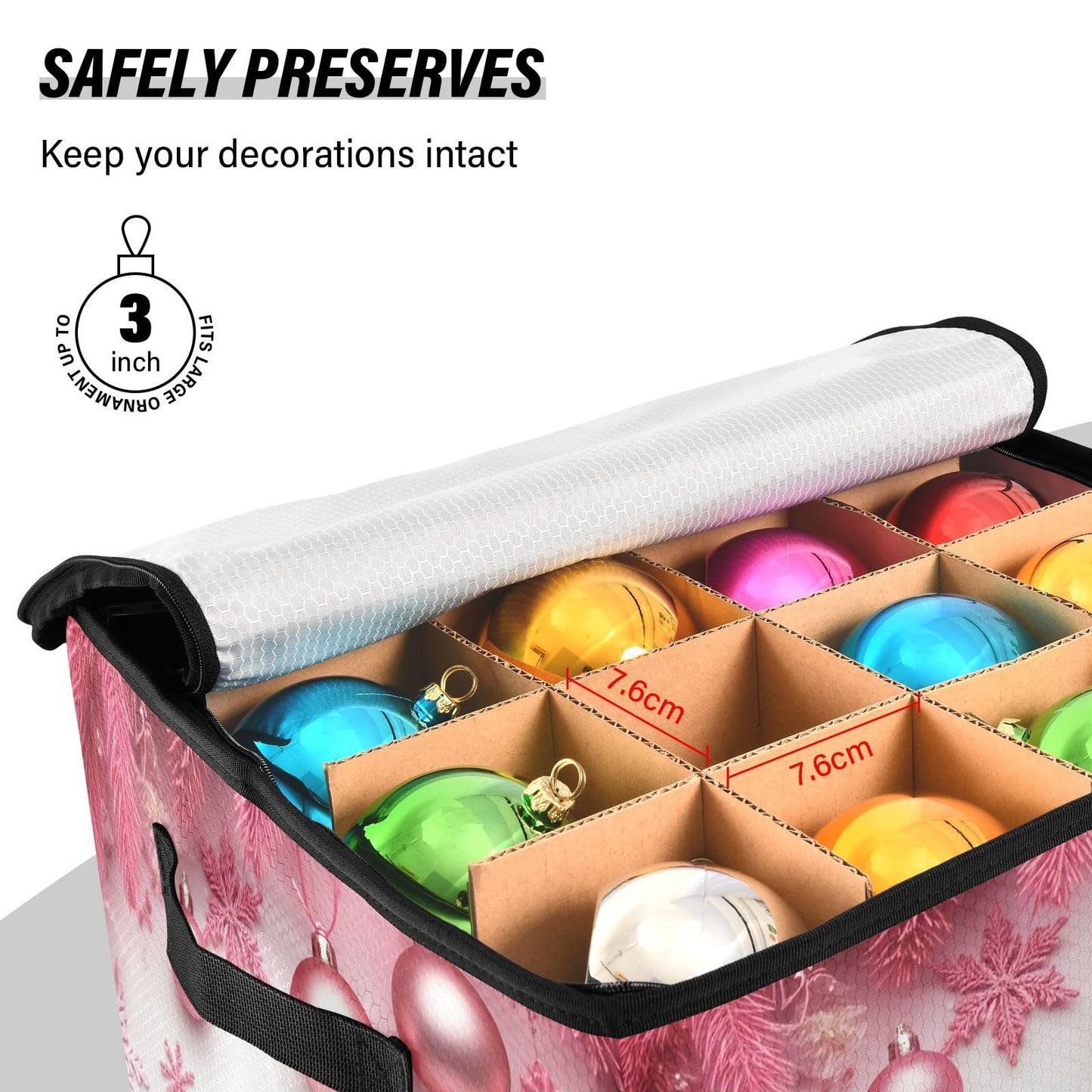 Gravopti Merry Christmas Pink Christmas Ornament Storage Box with Dividers, Holds up to 64-3" Holiday Ornaments, Collapsible Xmas Decoration Container with Lid & Handles, 13x13 Inch