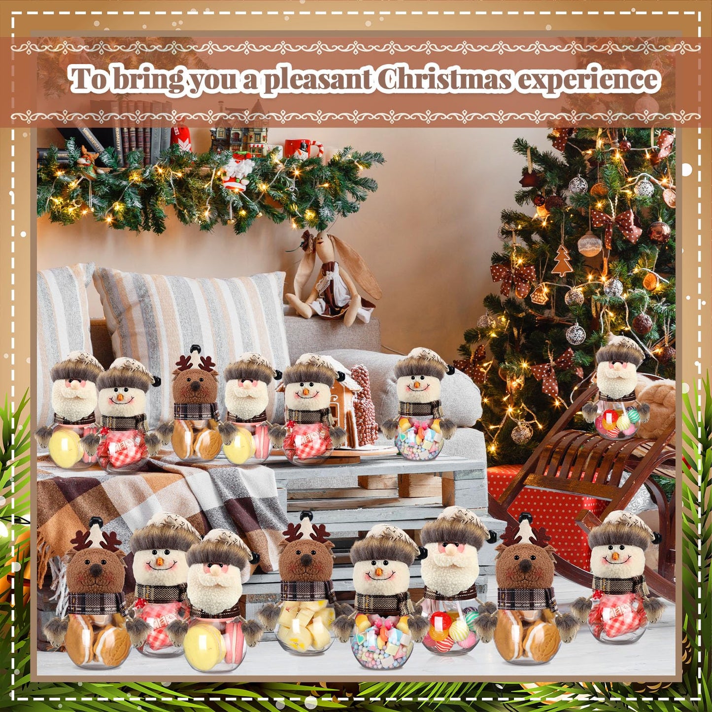 12 Pcs Christmas Candy Jars with Snowman Santa Elk Doll Lid 5.91 x 3.15 Inch Plastic Clear Christmas Cookie Jar Snack Food Storage Container for Home Decoration Xmas Gifts Holiday Party Favors