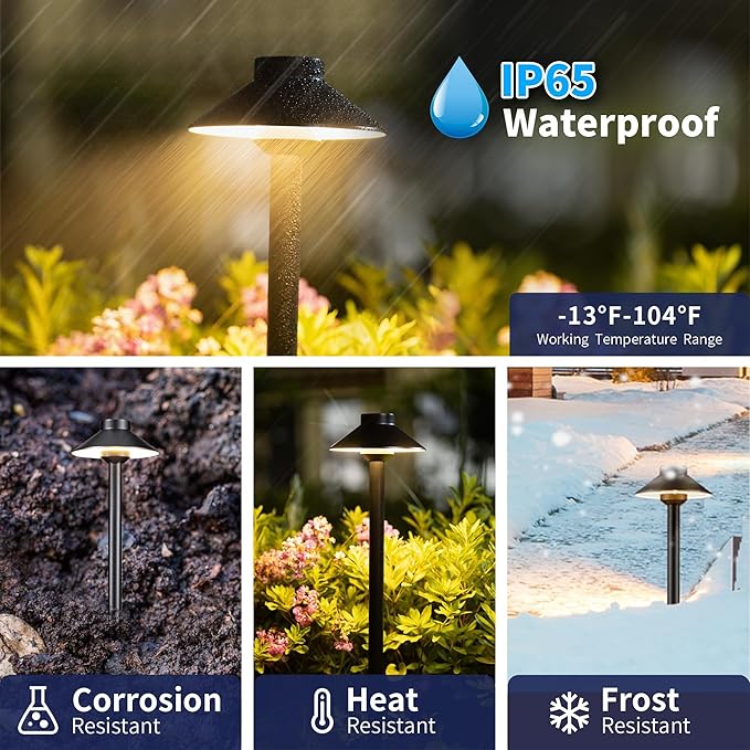 Gardenreet Solid Cast Brass Pathway Light - 12v LED Landscape Path Lights Outdoor Waterproof IP65, Electric Pathlights Wired, Hat Shape Black for Garden Decorations G4 Bulb Not Included (12 Pack)