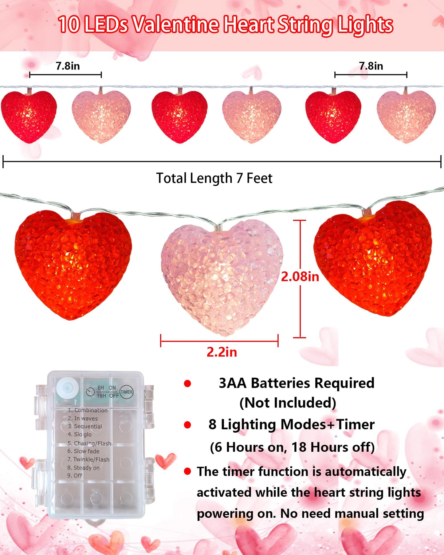 Valentines Day String Lights 7Ft 10 LED Red Pink Heart Lights Battery Operated with 8 Modes & Timer, Shatterproof Valentine Heart String Light for Indoor Outdoor Home Porch Christmas Valentines Decor
