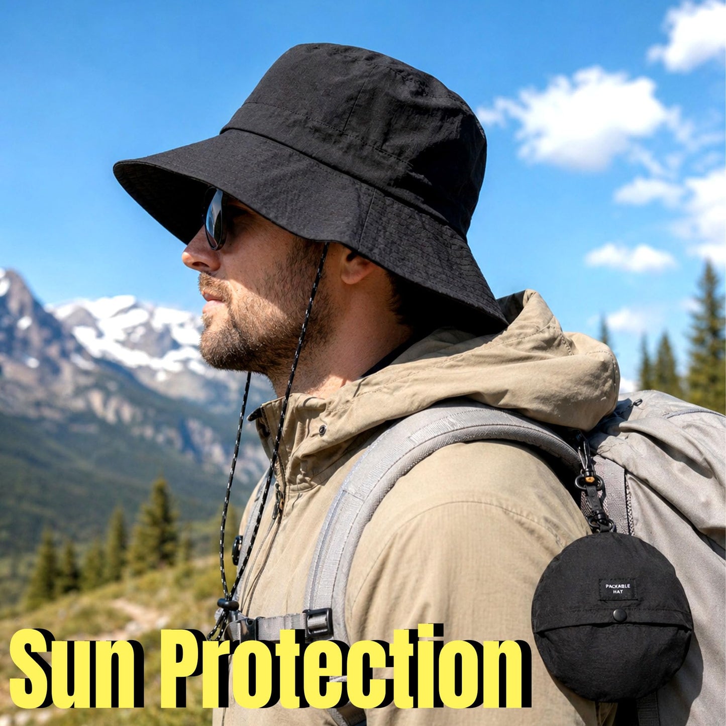 PFFY Packable Sun Bucket Hat for Men UV Protection Sun Hats Waterproof Lightweight Hiking Outdoor Cap Beige (More Loose)