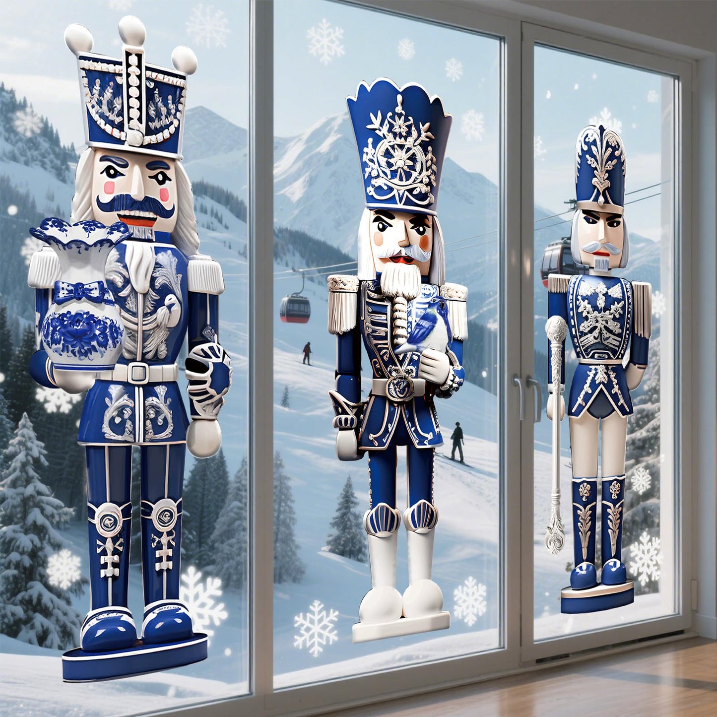 Fullhawl 4 Sheets Large Winter Window Clings Decorations Nutcracker Soldiers Winter Window Clings Nutcrackers Xmas Stickers for Holiday Party(Blue and White Porcelain)
