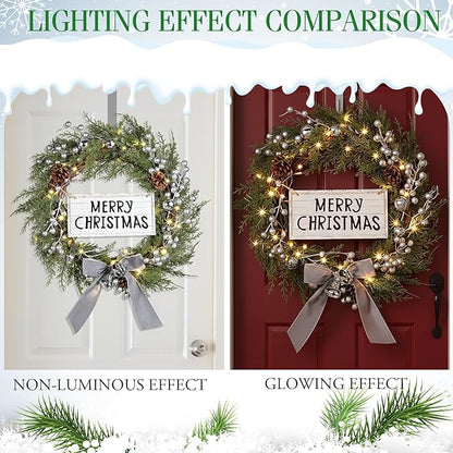Lighted Christmas Artificial Cedar Wreath for Front Door with Hanger Christmas Wreaths Faux Norfolk with Velvet Bow LED Lights Jingle Bells Pinecone Berries Indoor Window Xmas Holiday Decor(Silver)