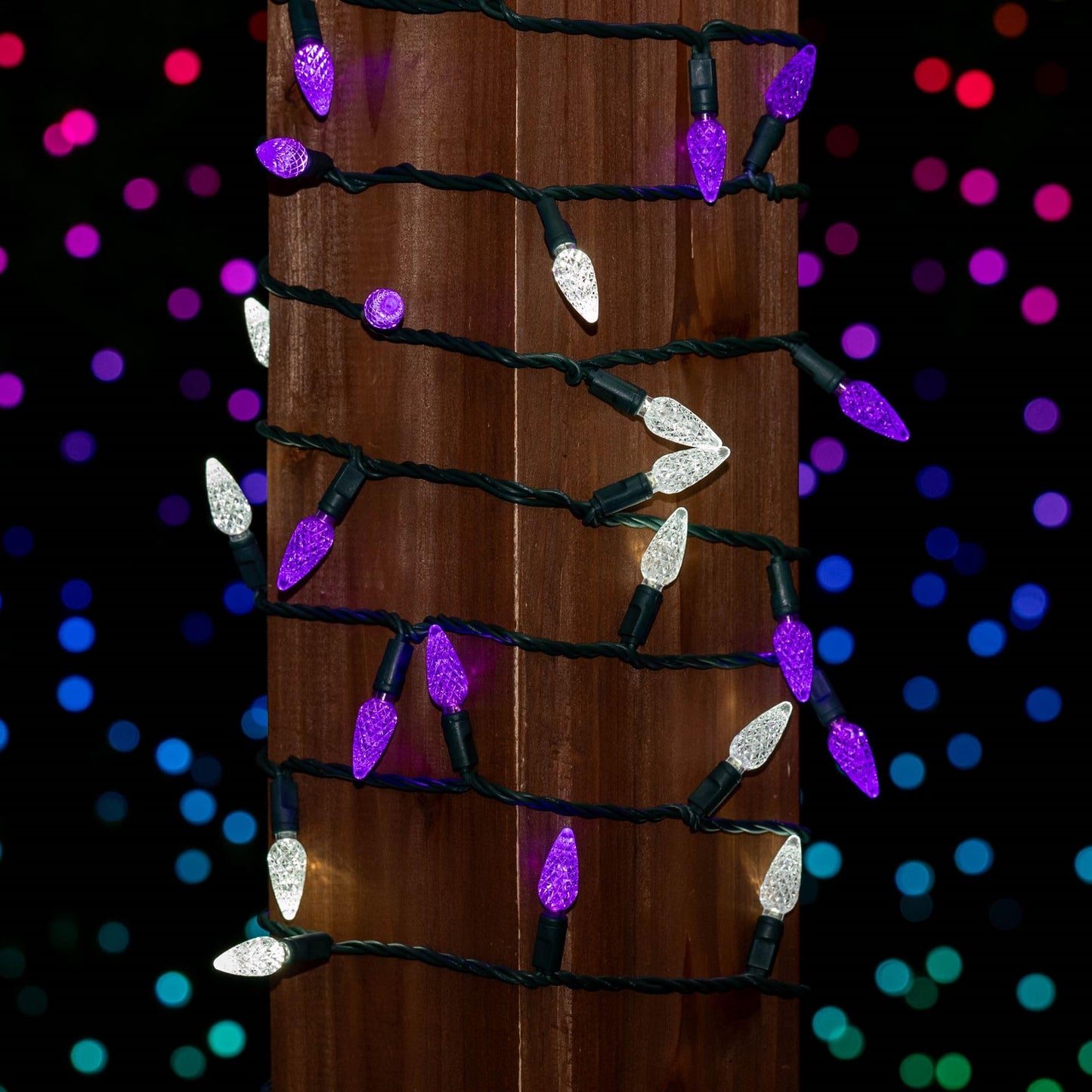 Novelty Lights 24FT 70 LED C6 Commercial Grade LED String Lights, Tree Decorations. Outdoor & Indoor usage, Permanent Christmas Lights. Pure White & Purple
