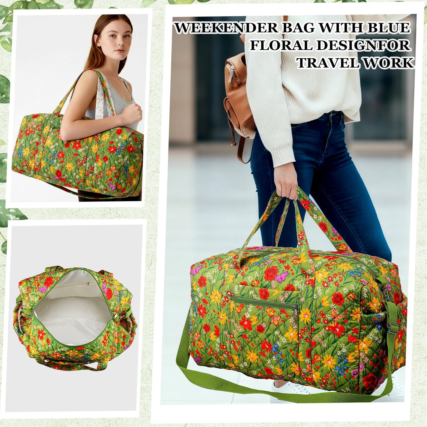 Dansydaisy Large Quilted Travel Duffle Bag for Women Floral Portable Gym Weekender Bag with Zipper Pockets Workout Grocery Pouch Duffle Gift Pouch for Work(Yellow Green Grassland)