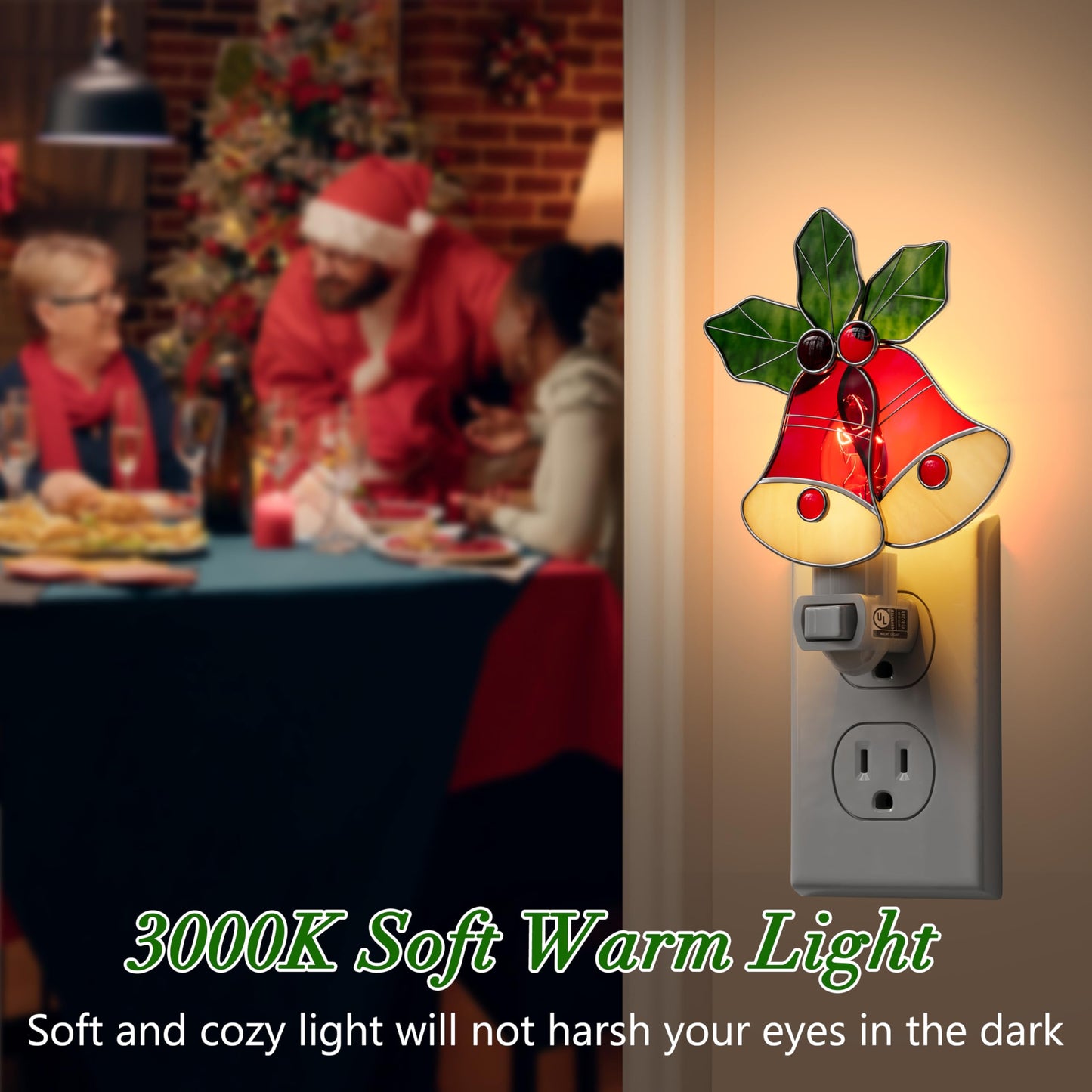 KUNDGLA Night Lights Plug into Wall Christmas Red Bell Stained Glass Night Light Plug in 7W Dusk Warm White Light Switch-On/Off for Adult Kids Room Bathroom Home Decor Gifts for Mom Grandkids
