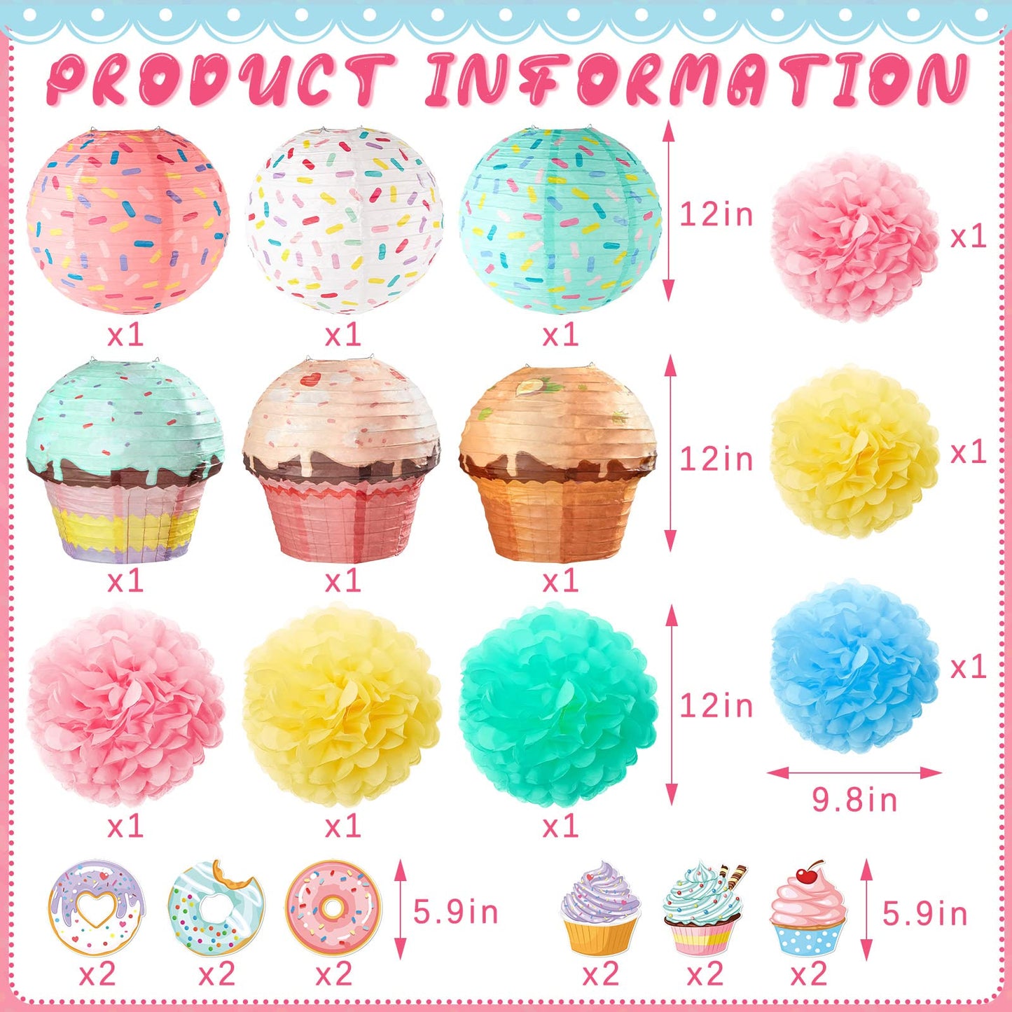 Hortsun 36 Pcs Donut Cupcake Party Hanging Paper Lanterns Two Sweet Birthday Supplies Hanging Swirls Paper Flowers Pom Poms Party Decor for Birthday Baby Shower Candy Supplies