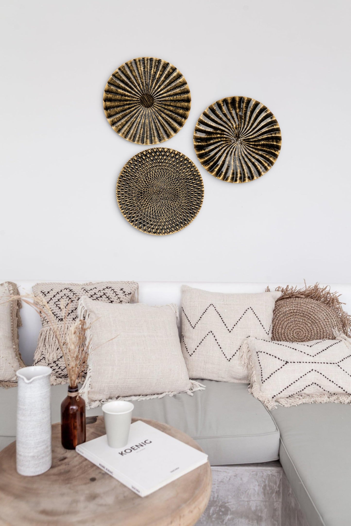 Briful 12" Wall Décor Pack of 3 Metal Gold & Black Washed Starbursts Radial Plate Wall Art Modern Accent Hanging Wall Decorations For Home Office Bedroom Or Living Room Wall Sculptures