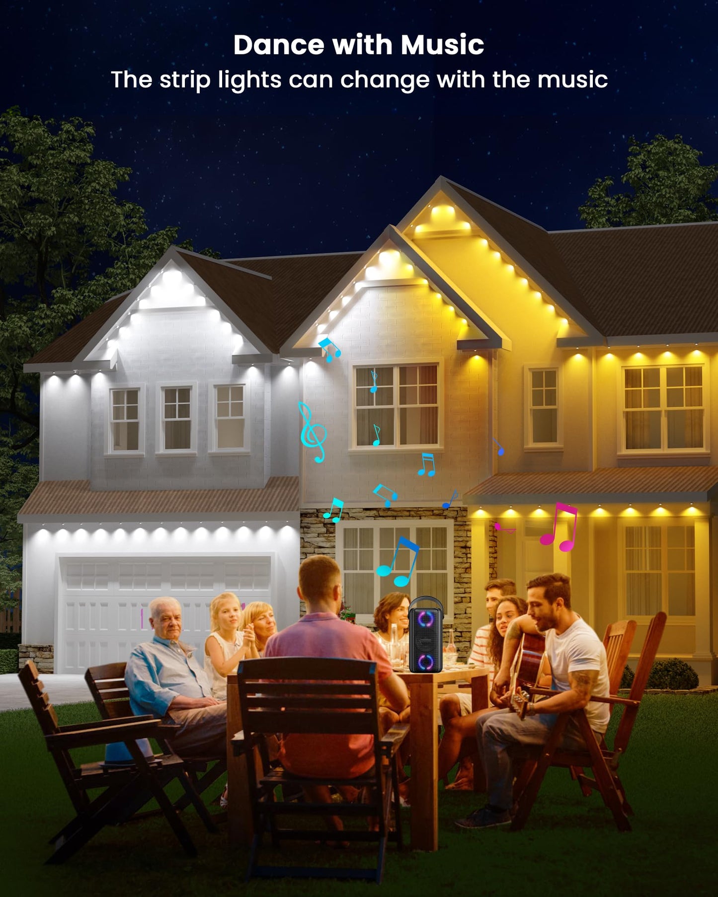 Gefolly Permanent Outdoor Lights Pro, 150ft with 90 RGBW Double-LED Lights 111 Scene Modes for Daily, Halloween, Christmas, IP67 Waterproof for Outdoor Decor, Works with Alexa, Google Assistant, White