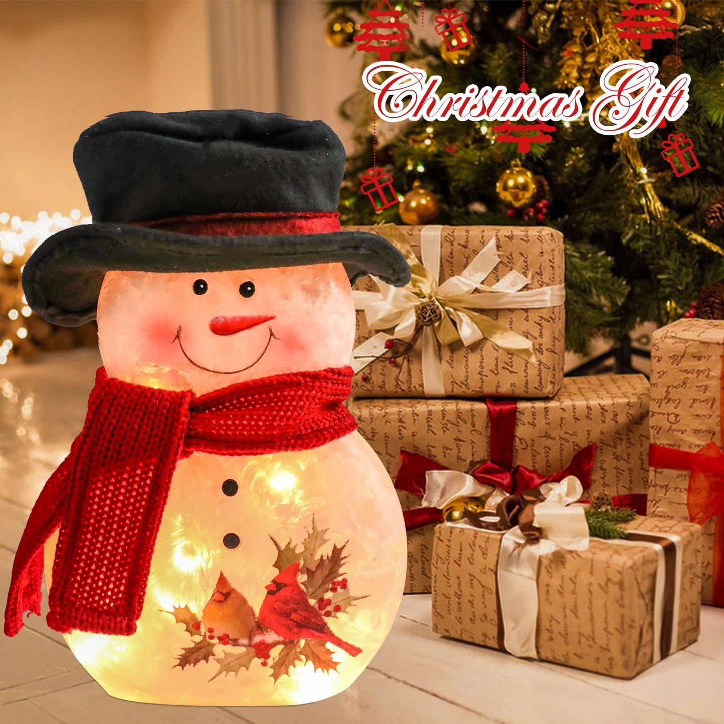 Yinns Lighted Christmas Snowman Lamp, Glass LED Light up Snowman Decor with Hand Painted, Christmas Decorations Night Light with Hat and Scarf, Xmas Holidays Home Decor