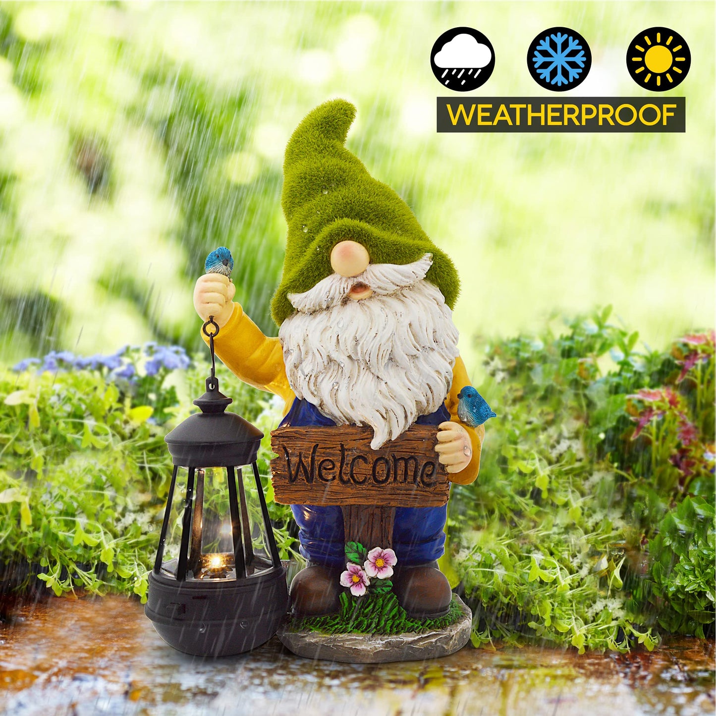 Olekki Christmas Garden Gnomes Outdoor - Flocked Gnome Statue Holding Lantern with Solar LED Lights | Gnomes Garden Decorations for Patio, Yard, Lawn Ornaments - Gnome Gifts