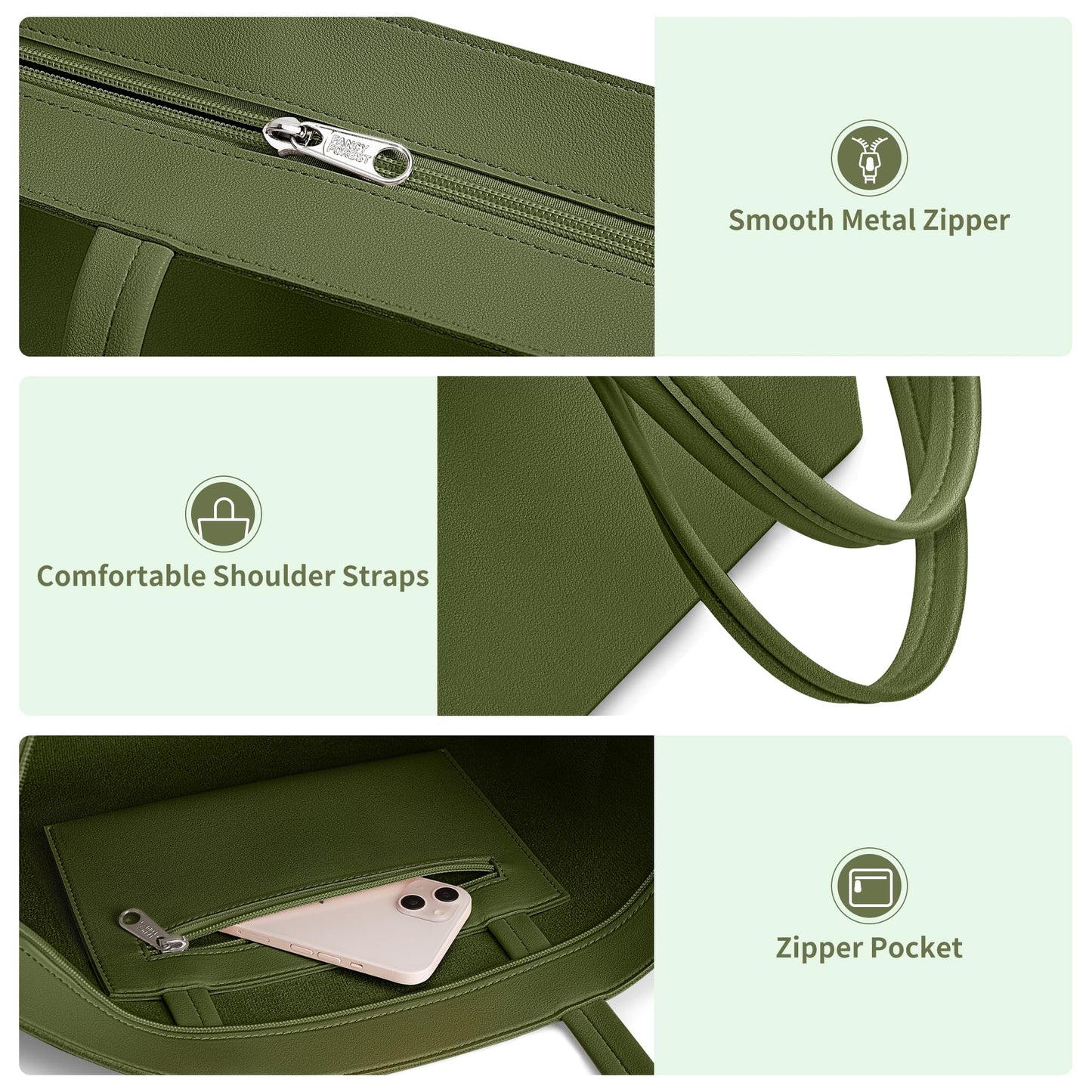 KALIDI Tote Bag Zipper Shoulder Bag Faux Leather Purses for Women Casual Handbag Work Dating College, Green