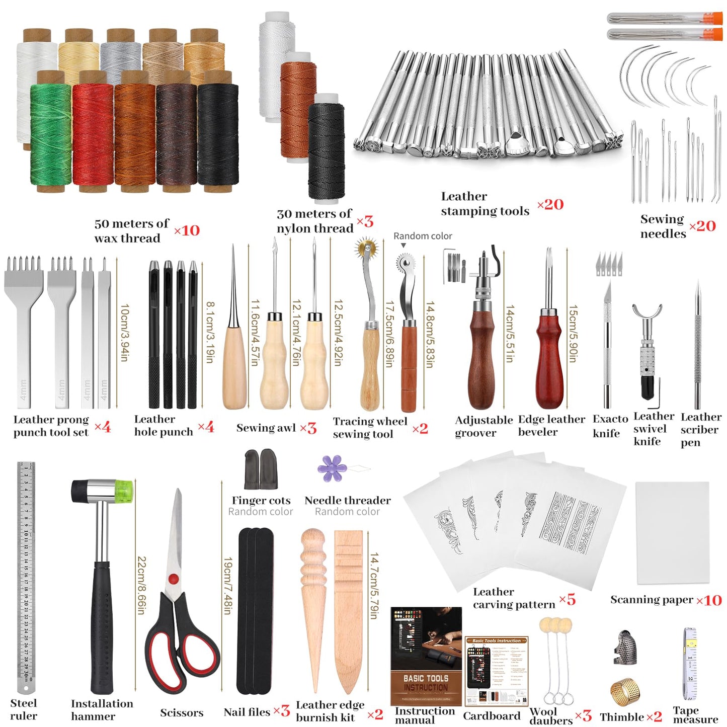 QMNNMA 102PCS Leather Working Tools Leather Crafting Kit with Custom Storage Bag, Stamping Tools for Sewing, Carving, Cutting, Punching, Stamping